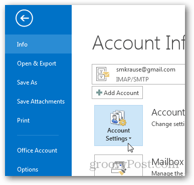 hur man skapar pst-fil för Outlook 2013 - klicka på kontoinställningar