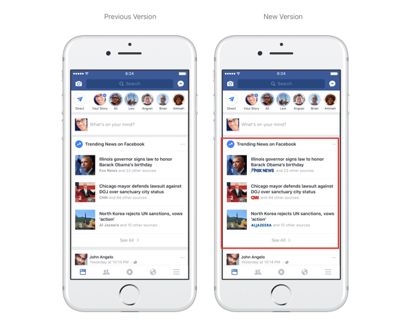 Facebook har nu publiceringslogotyper i avsnittet Trender och sökning.