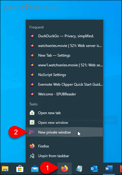 Välj Nytt privat fönster på Firefox i aktivitetsfältet