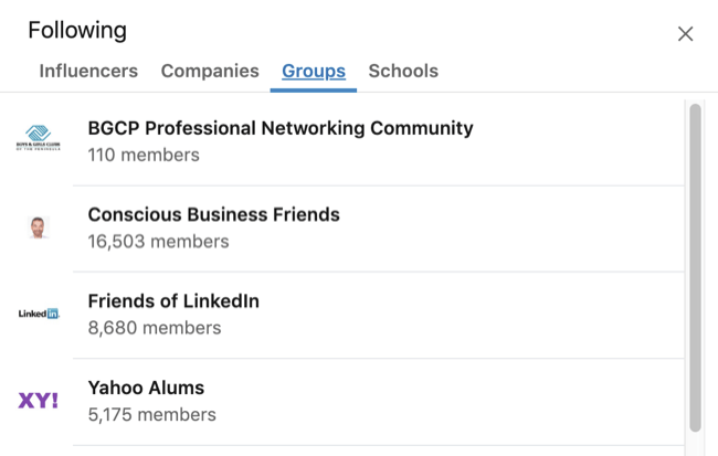 LinkedIn-profil expanderad ruta Intressen med fliken Grupp vald
