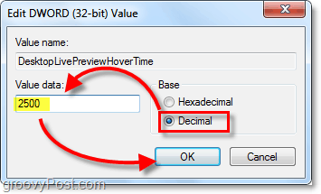 justera dword-egenskaperna till Decimal- och värdedata till 2500 för Windows 7 DesktopLivePreviewHoverTime