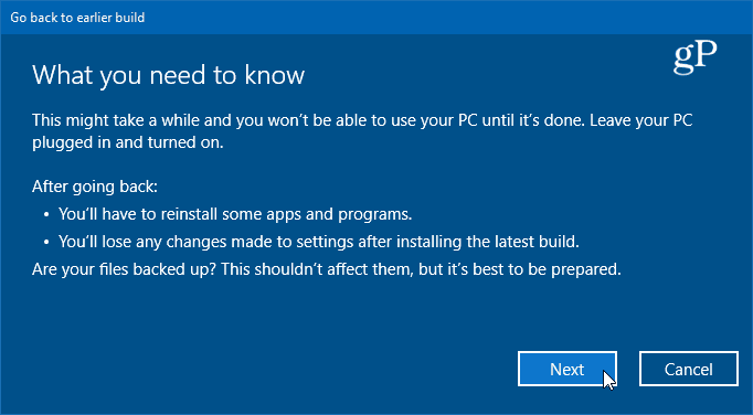 information om rollback till föregående version av Windows 10