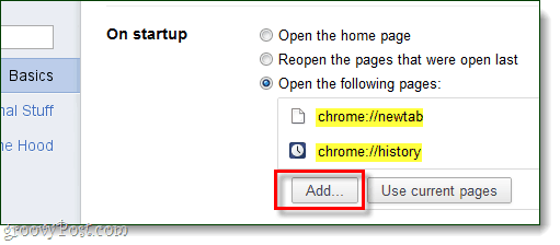Start av Chrome Lägg till sidor för att öppna