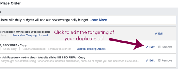 Redigera inställningarna för en duplicerad Facebook-annonsuppsättning.