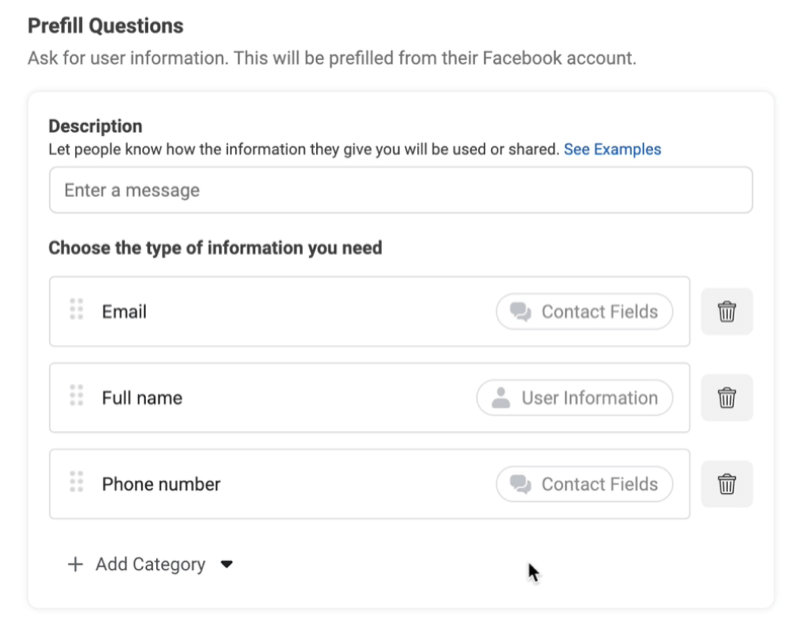 Facebook-leadannonser skapar nya alternativ för leadformulär för att lägga till förfyllningsfrågor med exempel på e-post, fullständigt namn och telefonnummer
