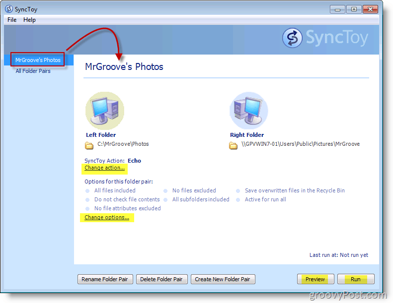 Huvudmeny från Microsoft SyncToy