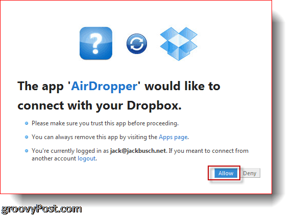 AirDropper Dropbox - anslut appen till Dropbox