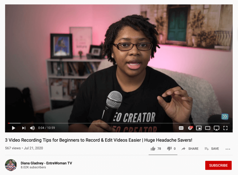 skärmdump av en entrewoman tv-video som erbjuder tre tips för nybörjare att spela in och redigera videor enklare