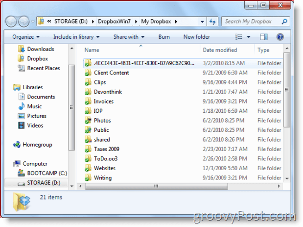 Dropbox-mapp i Windows 7 View