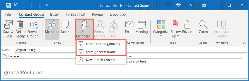 Lägg till medlemmar i en ny kontaktgrupp i Outlook