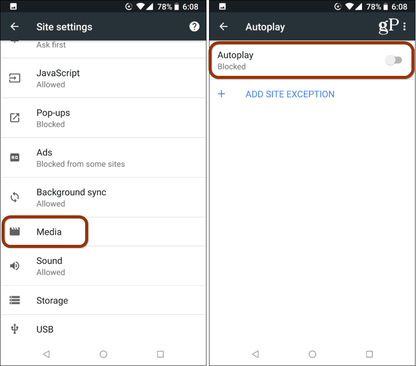 Android Blockera Autoplay Chrome