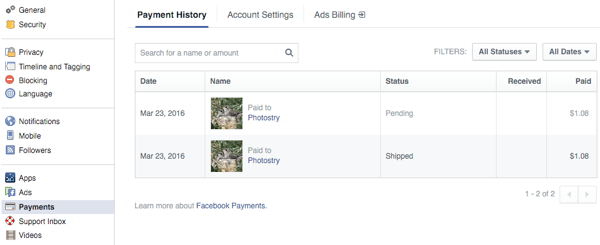 kunder ser beställningar i betalningssektionen i facebookinställningarna