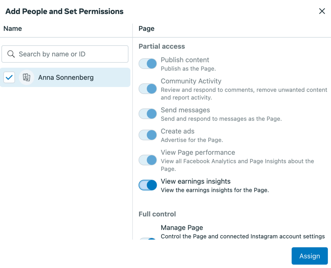 bild av skärmen App People and Set Permissions i Meta Business Suite