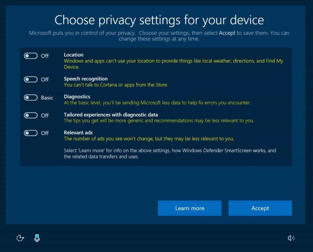 Windows 10, Sekretess, Skapareuppdatering, OOBE