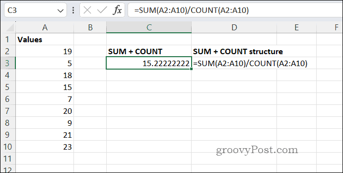 SUMCOUNT medelresultat i Excel