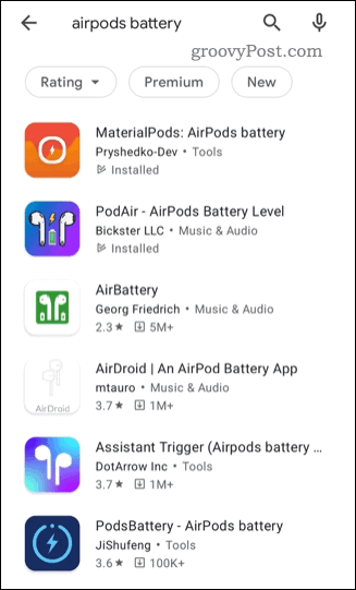 En lista över tredjeparts AirPods-statusappar i Google Play Butik