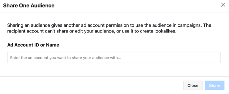 facebook ads manager dela en anpassad målgrupp> dela en målgruppmeny med möjlighet att lägga till ett ID-konto eller namn på ett annonskonto