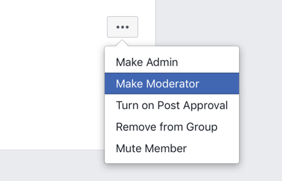Hur du förbättrar din Facebook-gruppgemenskap, Facebook-gruppmenyalternativ för att göra en medlem till moderator 