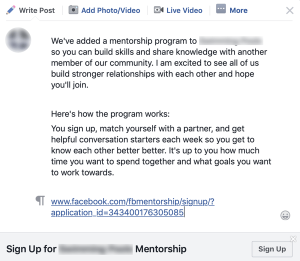 Hur du förbättrar din Facebook-gruppgemenskap, exempel på ett gruppmeddelande för ett Facebook-mentorprogram