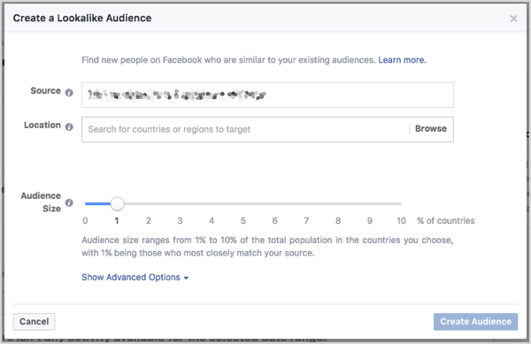Ställ in Facebook-liknande publikstorlek. Du kan styra storleken med ett skjutreglage som visas när du skapar publiken.