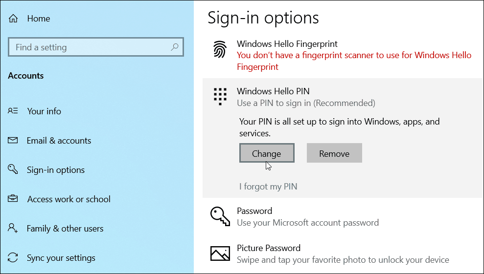 ändra lägg till PIN-kod Windows 10