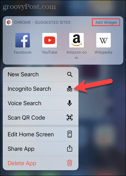Tryck på Ny inkognitoflik från Chrome-appikonen på iOS