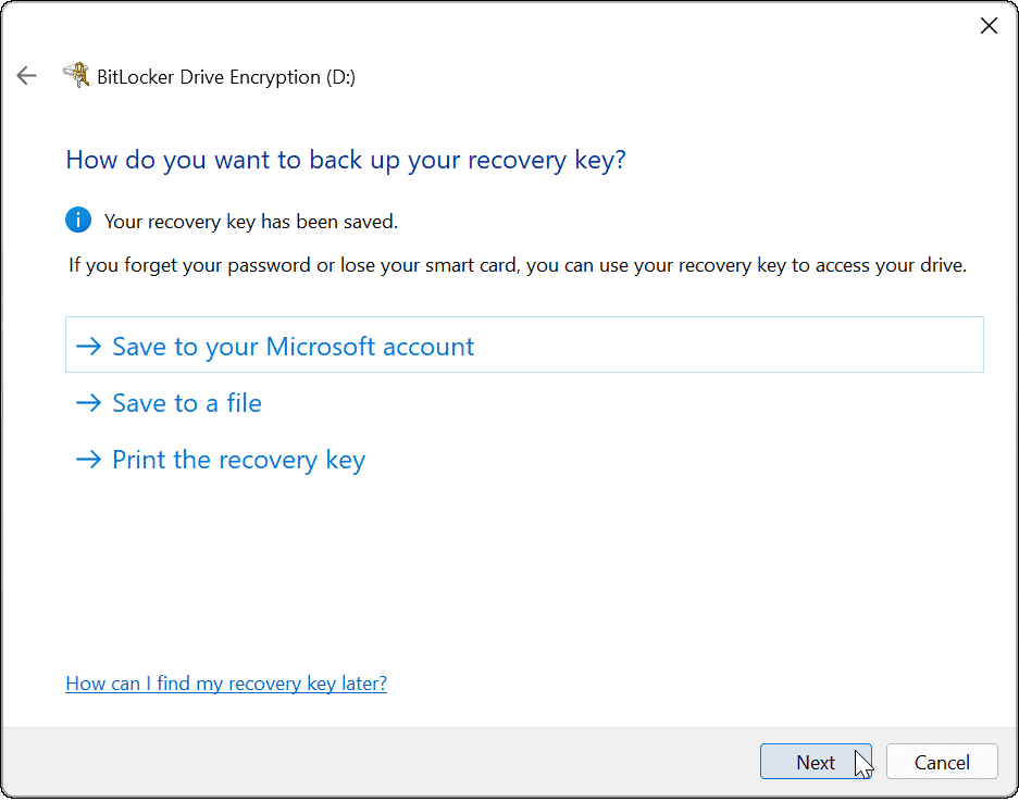 använd bitlocker för att gå på Windows 11 återställningsnyckel