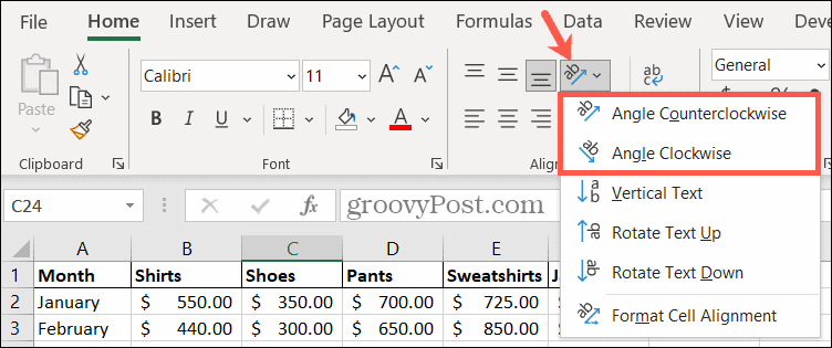 Välj en orienteringsvinkel i Excel för att rotera text