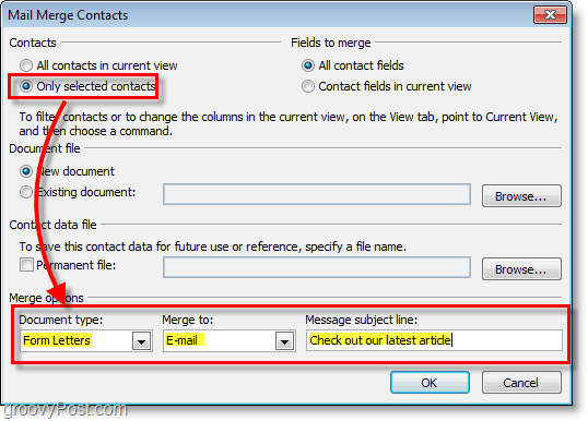 Outlook 2010 skärmdump - Se till att alternativen är korrekta under e-postfusionskontakter