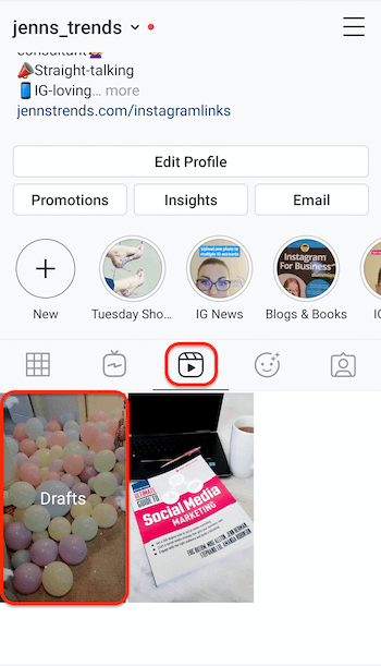 skärmdump av instagram rullar fliken på en profil som visar platshållaren för rullar utkast