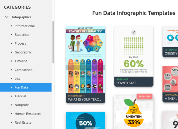 Exempel på Venngages infografiska kategorier under roliga data.