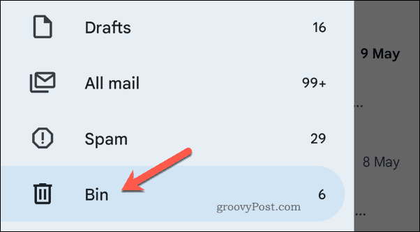 Öppna papperskorgen i Gmail på mobilen