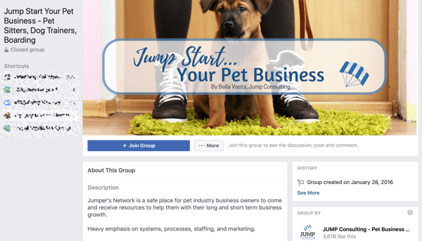 Så här använder du Facebook-gruppfunktioner, exempel på en grupp för Jump Start Your Pet Business