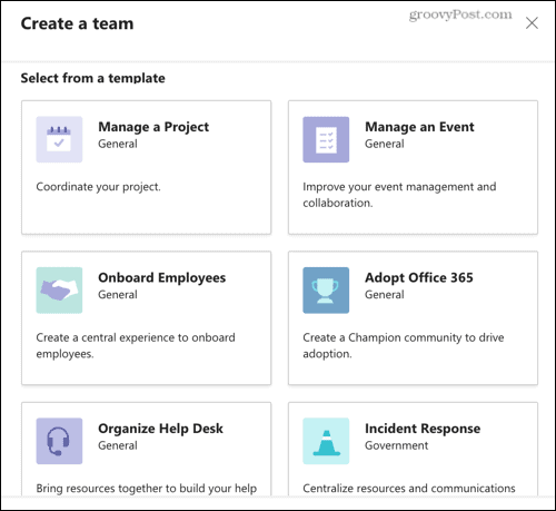 Välj en av Microsoft Teams-mallarna
