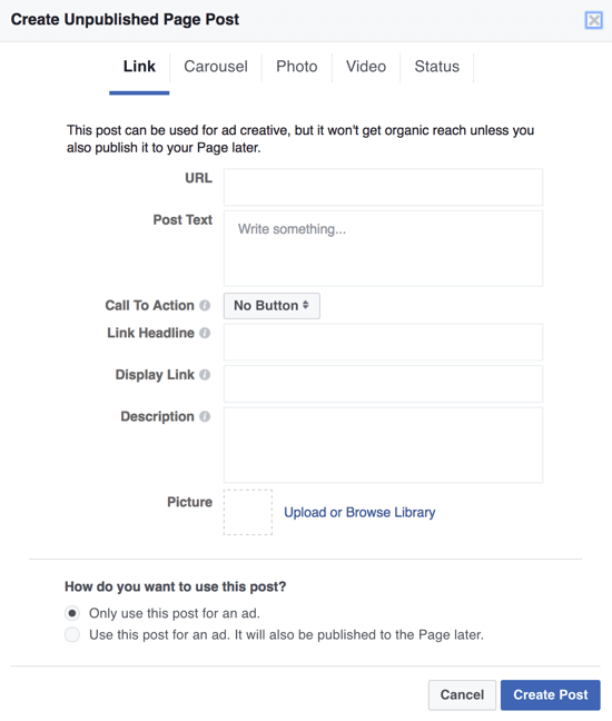 För att skapa mörka inlägg på Facebook som annonser kan du använda Power Editor och välja Använd endast detta inlägg för en annons.