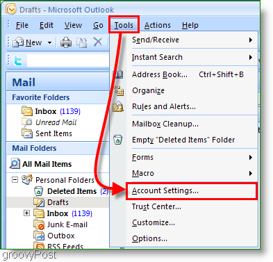 Skärmdump för Outlook 2007 - Kontoinställningar