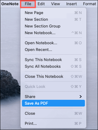 Spara som PDF OneNote Mac