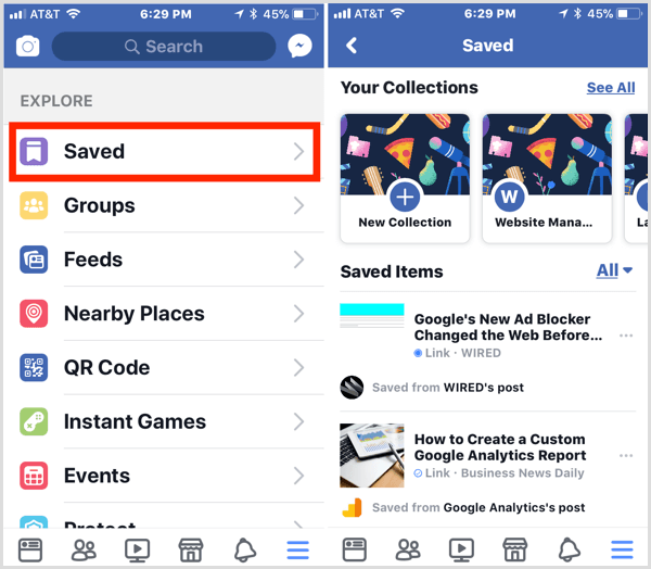 Facebook sparade objekt på mobilen
