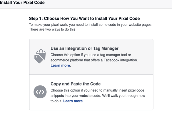 Välj vilken metod du vill använda för att installera Facebook-pixeln.