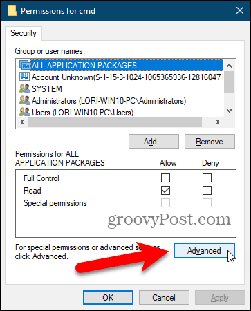 Klicka på Avancerat i dialogrutan Behörigheter i Windows-registret