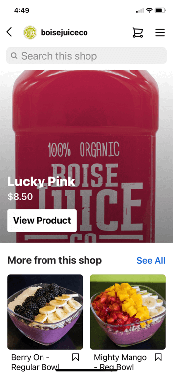 exempel instagram produkt shopping från @boisejuiceco visar lucky pink för $ 8,50 och under mer från detta butik visas en vanlig skål med bär och en mäktig mango-vanlig skål tillsammans med möjligheten att söka i butiken
