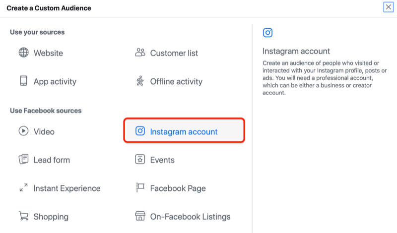 Facebook Ads Manager skapar en anpassad målgruppsmeny med instagramkontoalternativet markerat