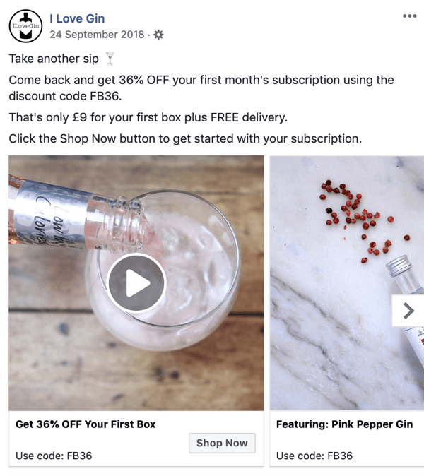 Hur man skapar Facebook-reklamannonser, steg 8, exempel på annonsannons av I Love Gin
