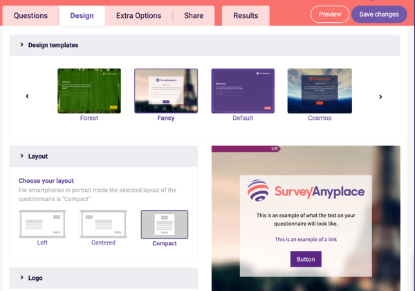 Undersök Anyplace designmall och layoutinställningar för ditt frågeformulär.