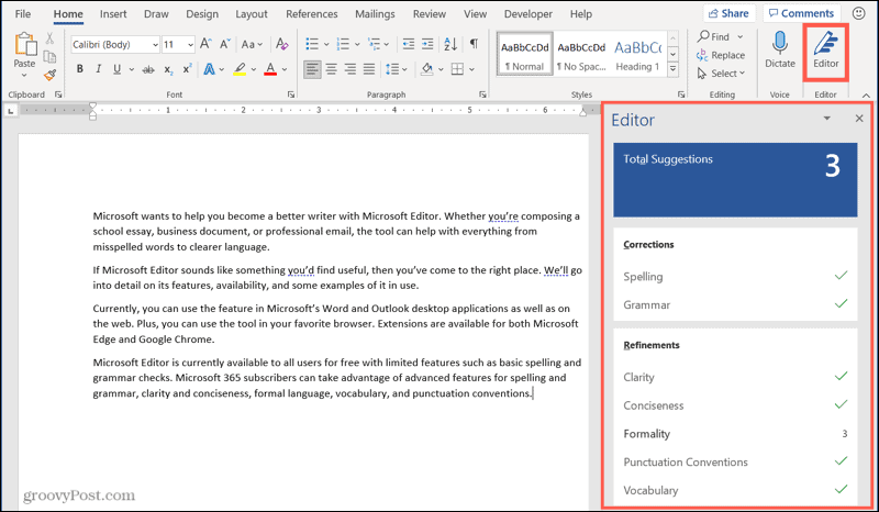 Microsoft Editor i Word på Windows