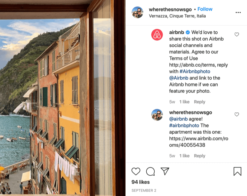 instagram skriftligt reposttillståndsexempel mellan @wherethesnowsgo och @airbnb med airbnb som ber om att dela foto och info om hur man ger godkännande, och svaret från @wherethesnowsgo som godkänner återdelning av bild