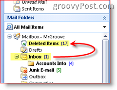 Outlook 2007-skärmbild som förklarar att raderade objekt flyttas till mappen med raderade objekt