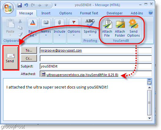 YouSendIt-knappar på Outlook 2007-bandet