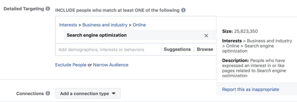 Exempel på standardinriktning på facebook för intresset Sökmotoroptimering som resulterar i en publik som är för stor, 25 miljoner.