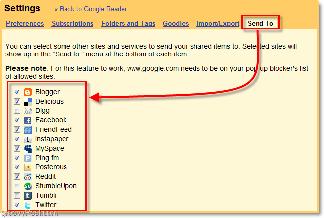 Använd fliken skicka till i Google-läsaren för att välja vilka webbplatser som ska visas på din skicka till-lista